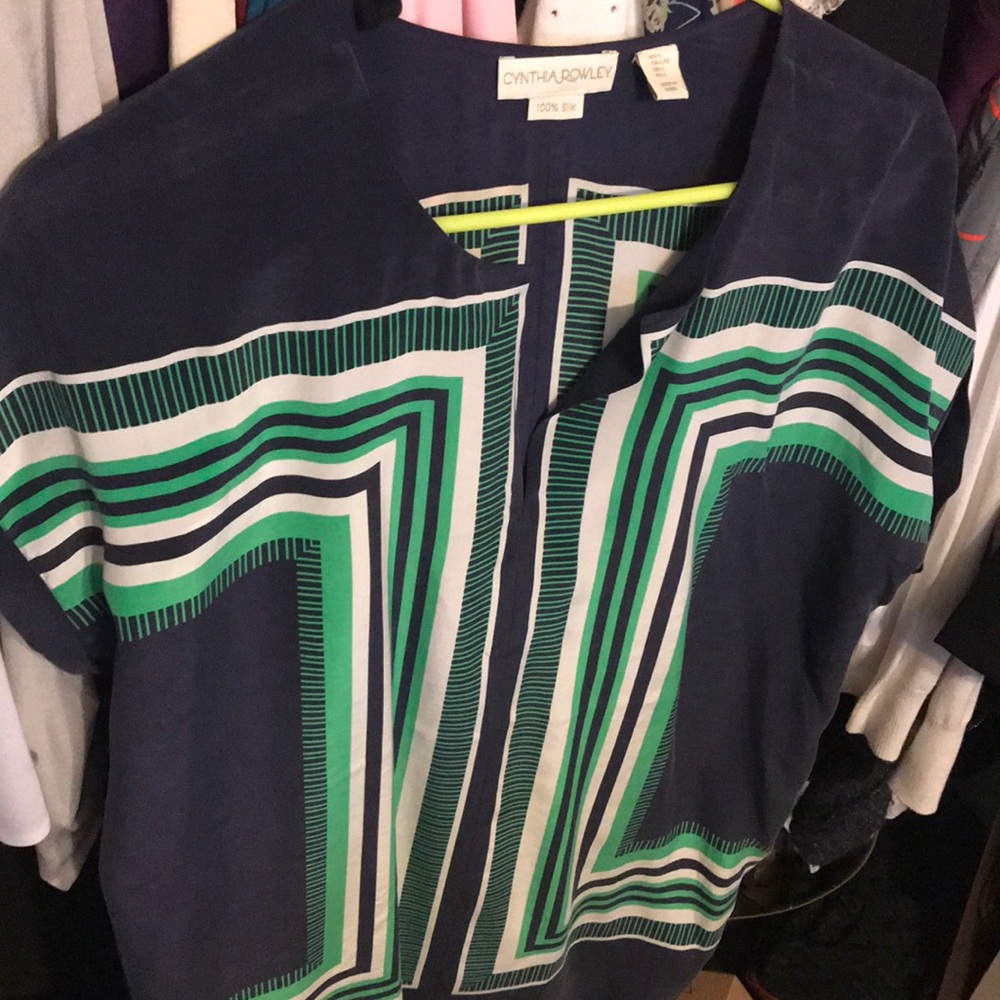 100% silk Cynthia Rowley blue/white/green blouse